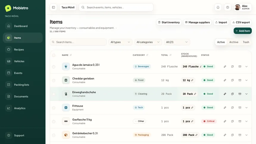 Mobistro item list with drink inventory, storage locations and status signals