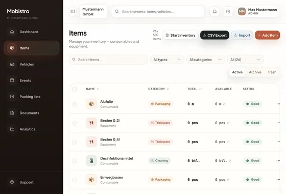 Mobistro back office — item overview with inventory and traffic-light status