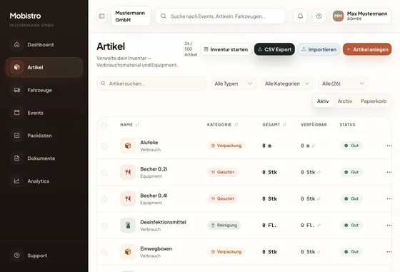 Mobistro Back Office — Artikelübersicht mit Bestand und Ampelstatus