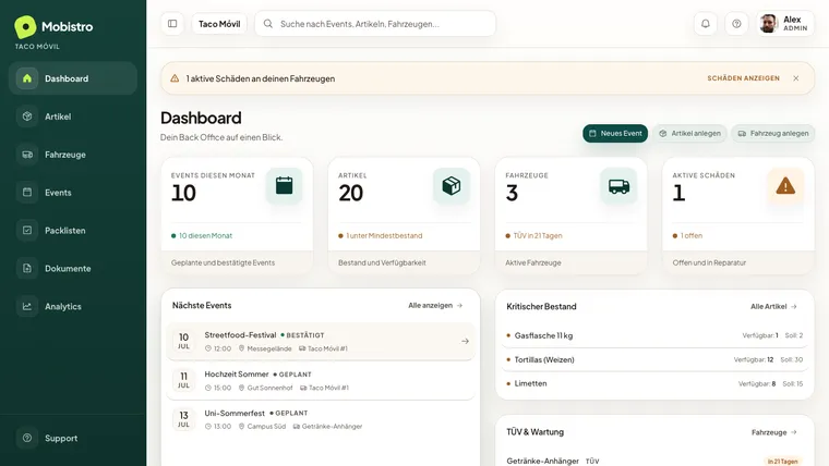 Mobistro Back Office — Dashboard mit Kennzahlen, anstehenden Events und kritischem Bestand