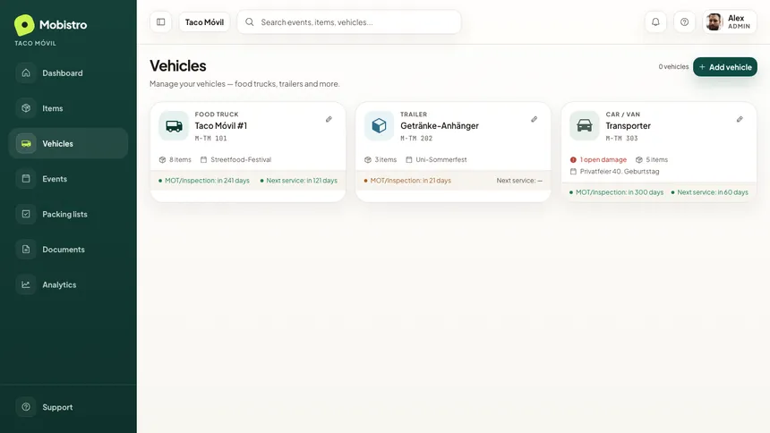 Mobistro vehicle overview with upcoming deadlines, maintenance and damage log