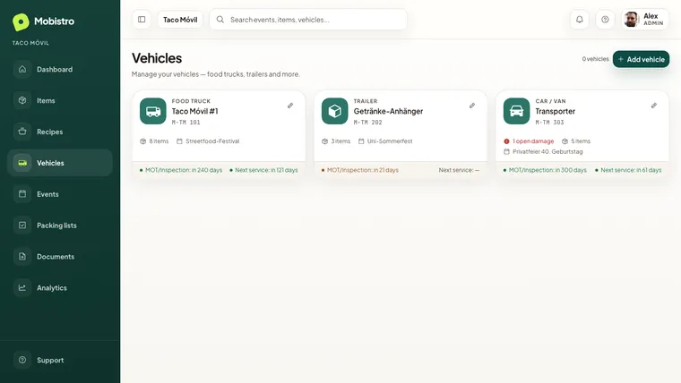 Mobistro back office — vehicle fleet with maintenance and inspection status