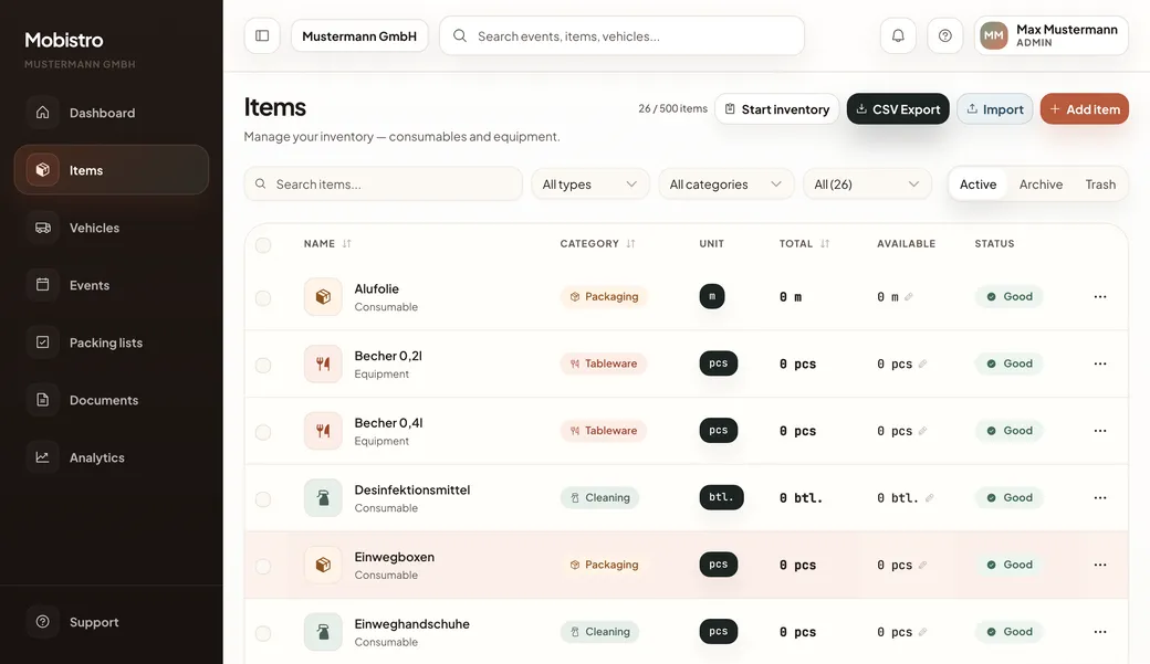 Mobistro back office — full item list with categories and status