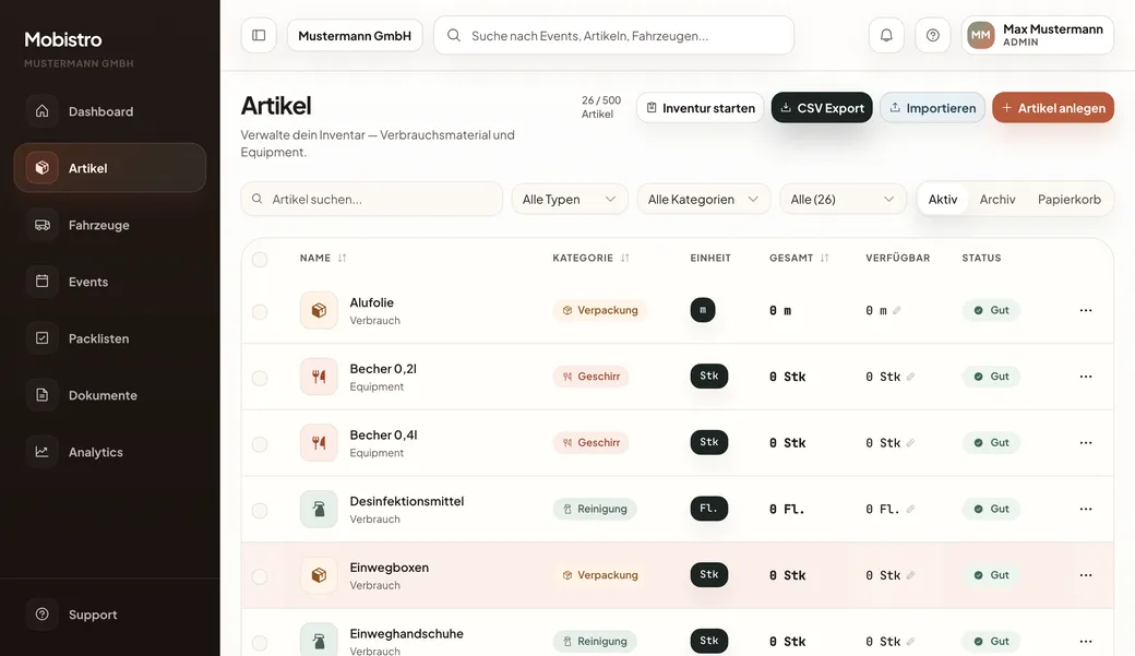 Mobistro Back Office — vollständige Artikelliste mit Kategorien und Status