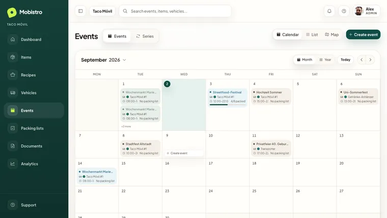 Mobistro back office — event calendar with dates across the month