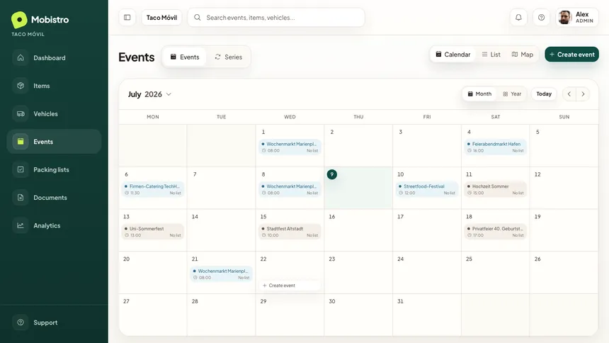 Mobistro calendar with recurring market dates and event status in a monthly view