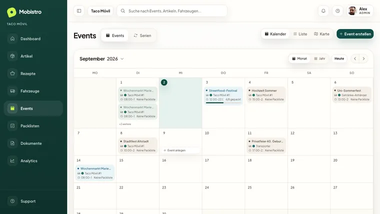 Mobistro Back Office — Eventkalender mit Terminen über den Monat