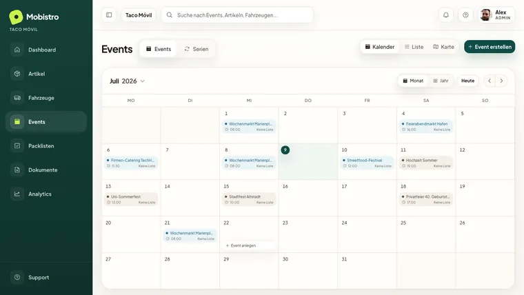 Mobistro Back Office — Eventkalender mit Terminen über den Monat