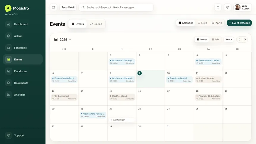 Mobistro-Kalender mit wiederkehrenden Marktterminen und Einsatzstatus im Monatsüberblick