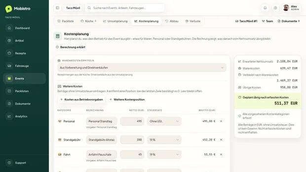 Echte Mobistro-Web-App: Kostenplanung eines Beispiel-Events mit Personal, Standgebühr und dem geplanten Betrag nach erfassten Kosten