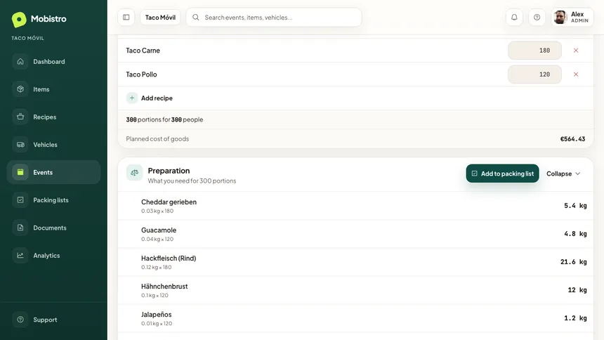 Mobistro kitchen view with planned servings per recipe and the prep list calculated from them