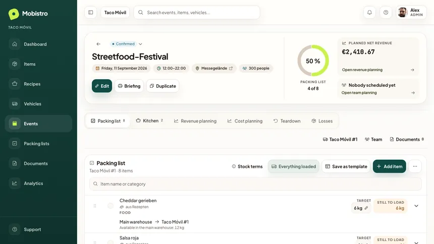Mobistro packing checklist with target quantities per line and visible loading progress