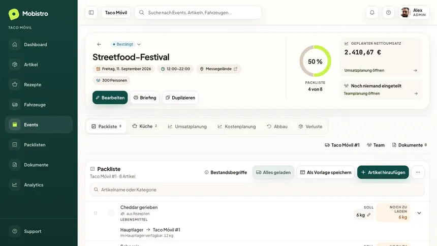 Mobistro-Packliste mit Sollmengen je Position und sichtbarem Ladefortschritt