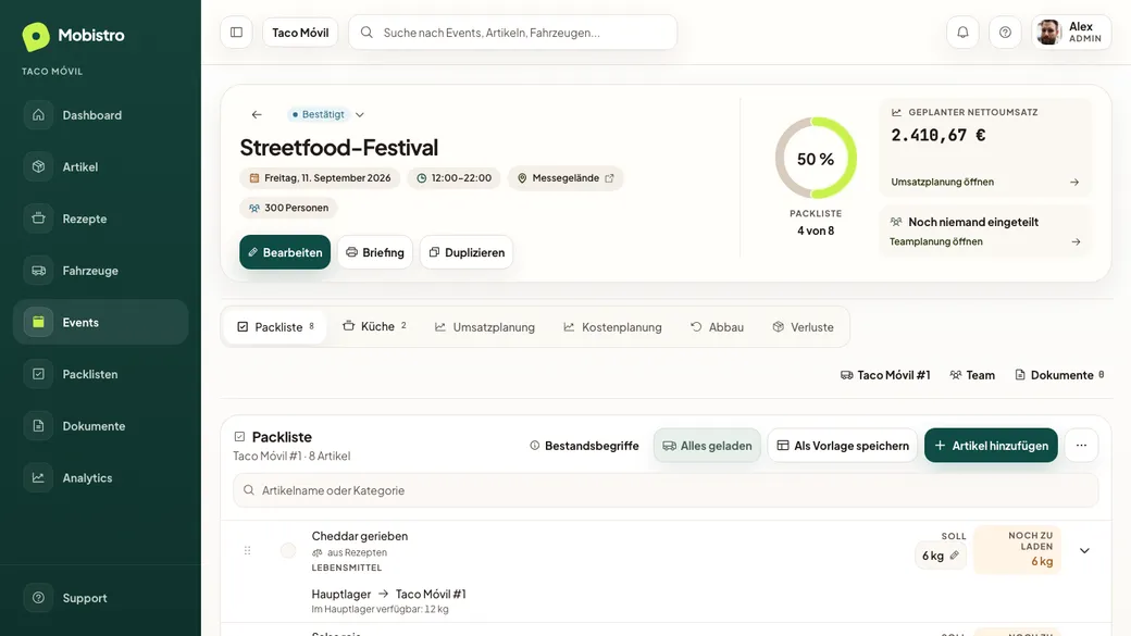 Fahrzeug-Packliste mit benötigten Artikeln, Sollmengen und Beladungsfortschritt für einen Einsatz