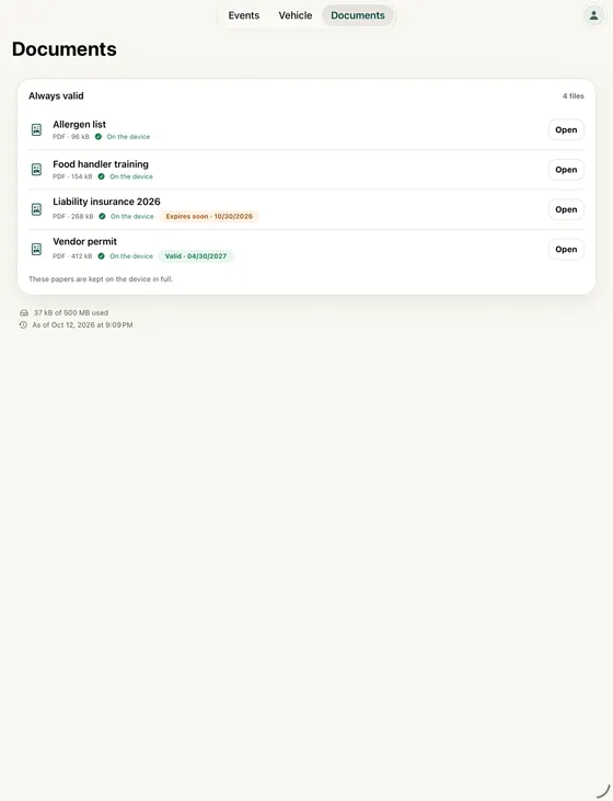 Documents on iPad: allergen list, food handler training, liability insurance and vendor permit, all stored on the device