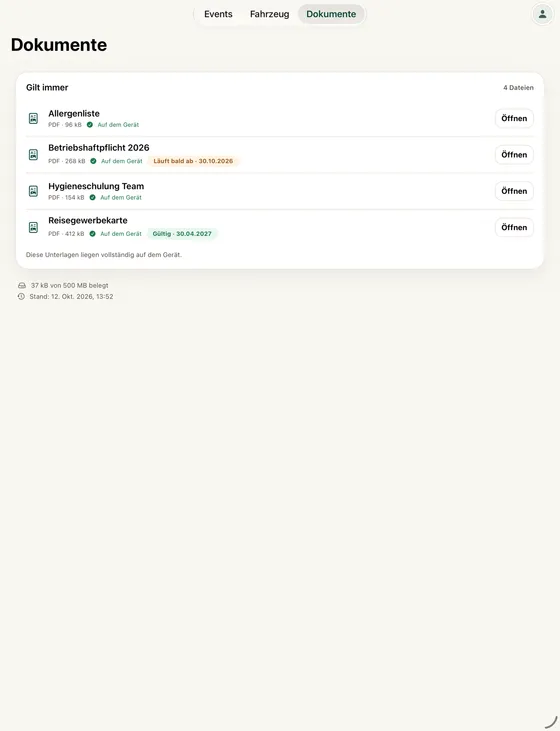 Dokumente auf dem iPad: Allergenliste, Betriebshaftpflicht, Hygieneschulung und Reisegewerbekarte, alle auf dem Gerät