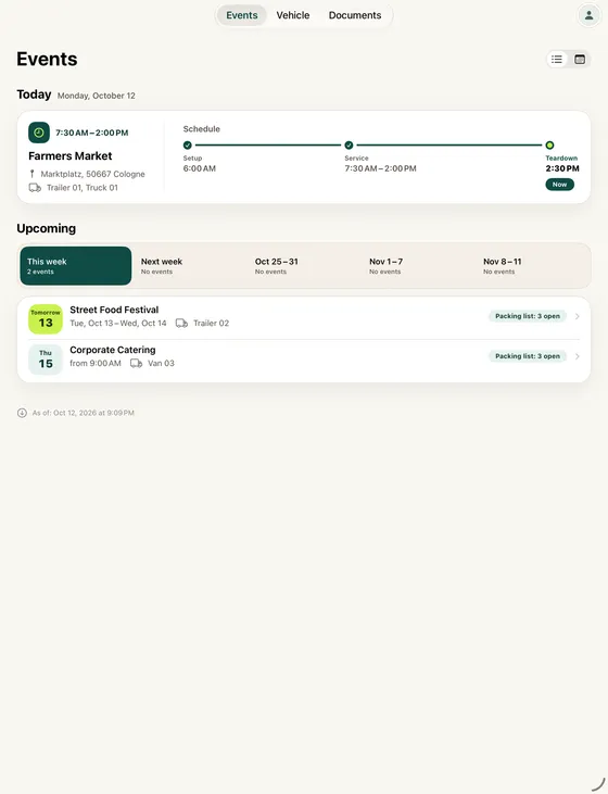 Events on iPad: today’s Farmers Market with its schedule from setup to teardown, followed by the Street Food Festival tomorrow and Corporate Catering on Thursday