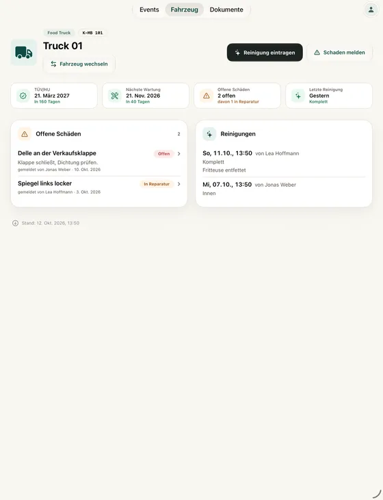 Truck 01 auf dem iPad: TÜV/HU, nächste Wartung, zwei offene Schäden und die letzten Reinigungen