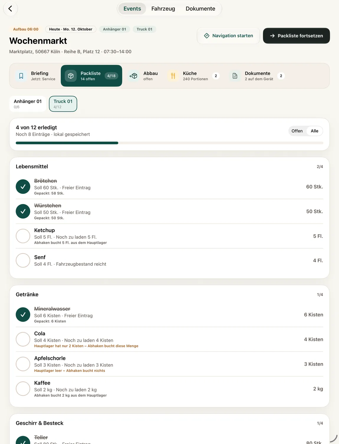 Ausschnitt aus der Packliste: 4 von 12 erledigt, noch 8 Einträge, lokal gespeichert