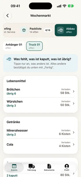 Abbau auf dem iPhone für Truck 01: Brötchen 6 übrig, Würstchen 3 übrig, Mineralwasser 2 übrig