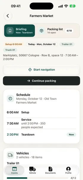 Briefing on iPhone: the Farmers Market schedule with setup, service and teardown
