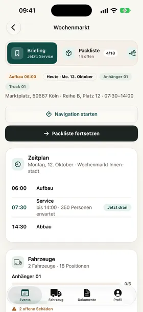 Briefing auf dem iPhone: Zeitplan des Wochenmarkts mit Aufbau, Service und Abbau