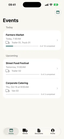 Events on iPhone: today’s Farmers Market with 4 of 18 completed, Street Food Festival and Corporate Catering coming up