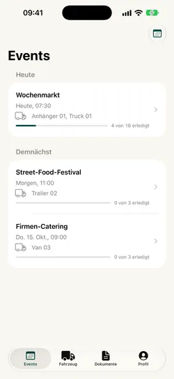 Events auf dem iPhone: heute der Wochenmarkt mit 4 von 18 erledigt, darunter die nächsten Termine