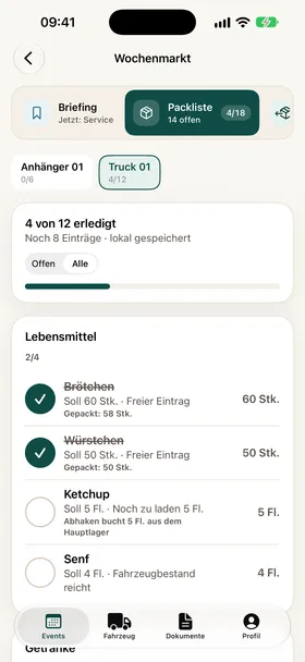Packliste auf dem iPhone für Truck 01: 4 von 12 erledigt, Brötchen und Würstchen abgehakt, Ketchup und Senf offen